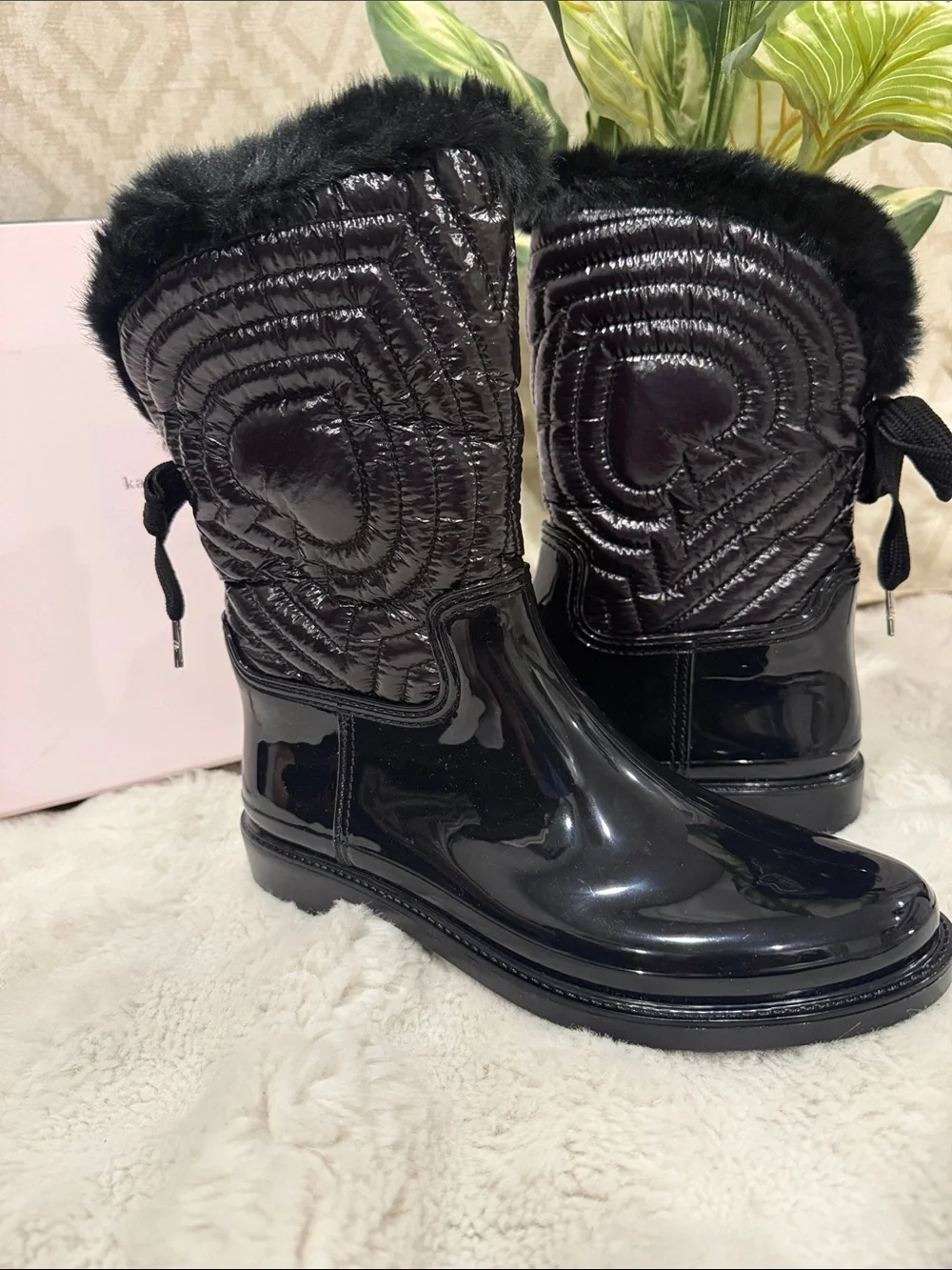 kate spade Black Patent Quilted Fur-Trim Winter Boots with Heart Detail